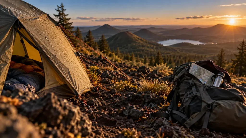 Camping randonnée Auvergne : tente de bivouac au bord d’un sentier volcanique, lac au loin