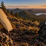 Camping randonnée Auvergne : tente de bivouac au bord d’un sentier volcanique, lac au loin