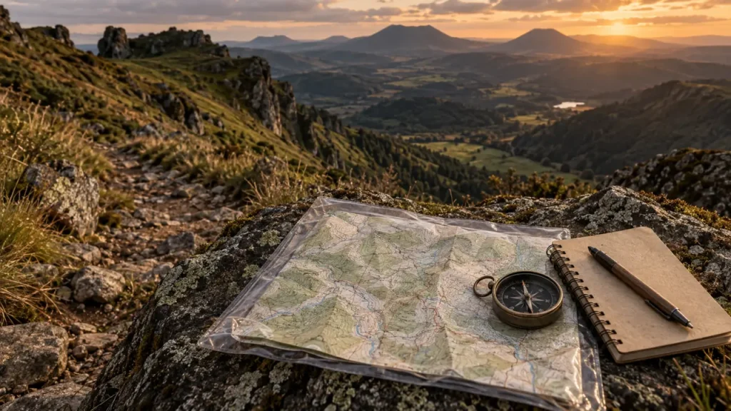 Carte randonnée Auvergne IGN 1:25 000 et boussole, supports pour randonner en Auvergne