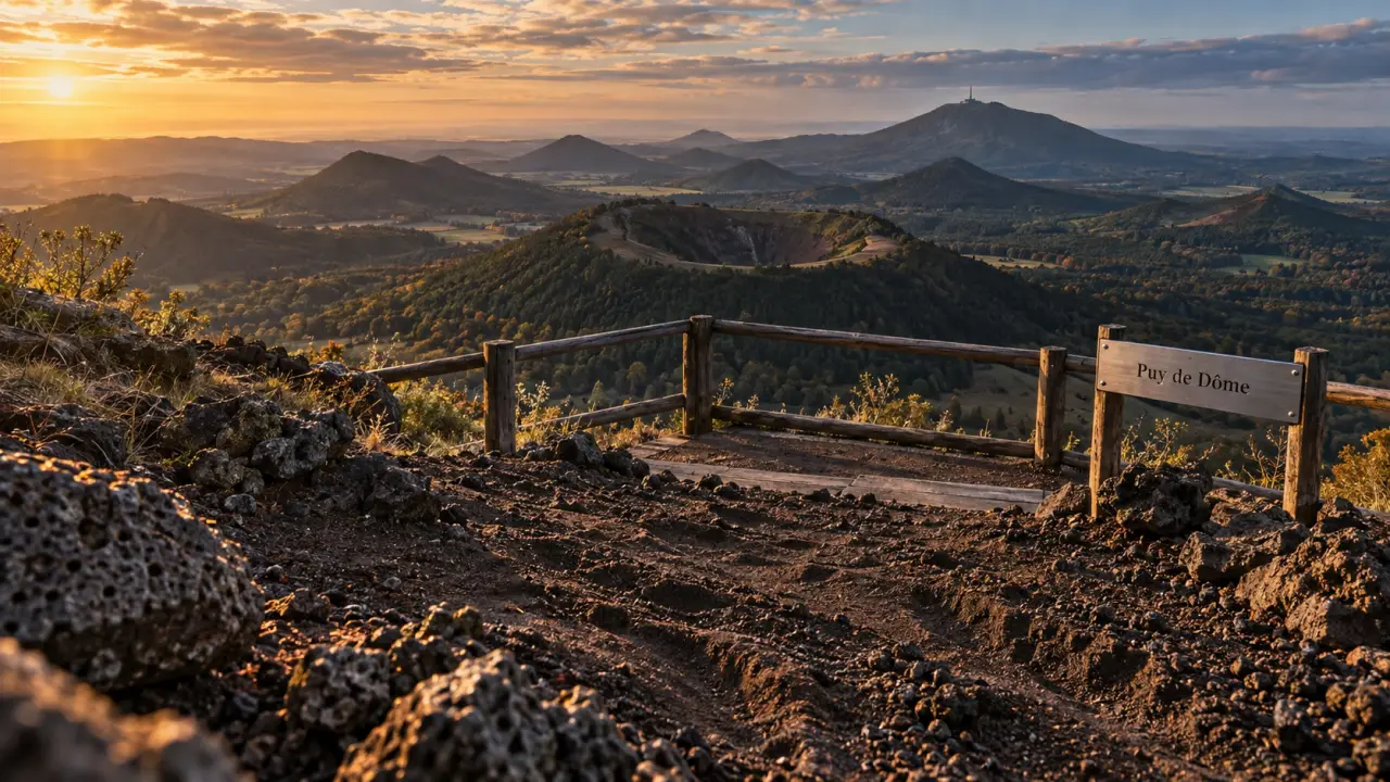 Chaîne des puys auvergne : sentier et vue du Puy de Dôme
