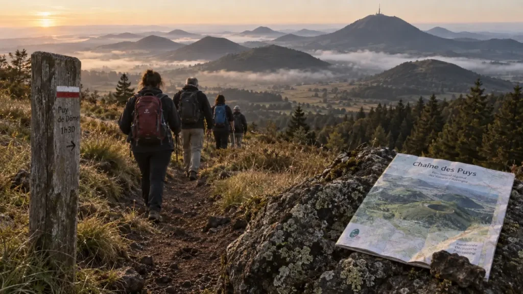 Chemin de randonnée auvergne vers la Chaîne des Puys, sentier et cratère au coucher du soleil