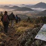 Chemin de randonnée auvergne vers la Chaîne des Puys, sentier et cratère au coucher du soleil