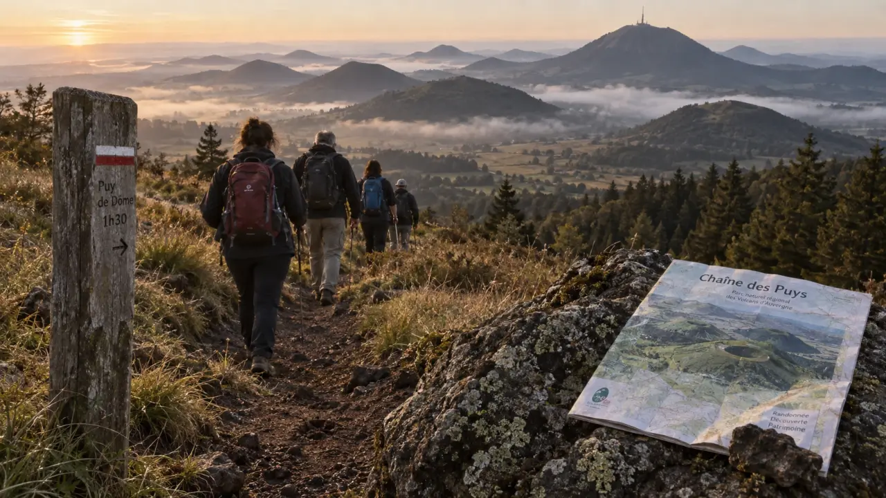 Chemin de randonnée auvergne vers la Chaîne des Puys, sentier et cratère au coucher du soleil