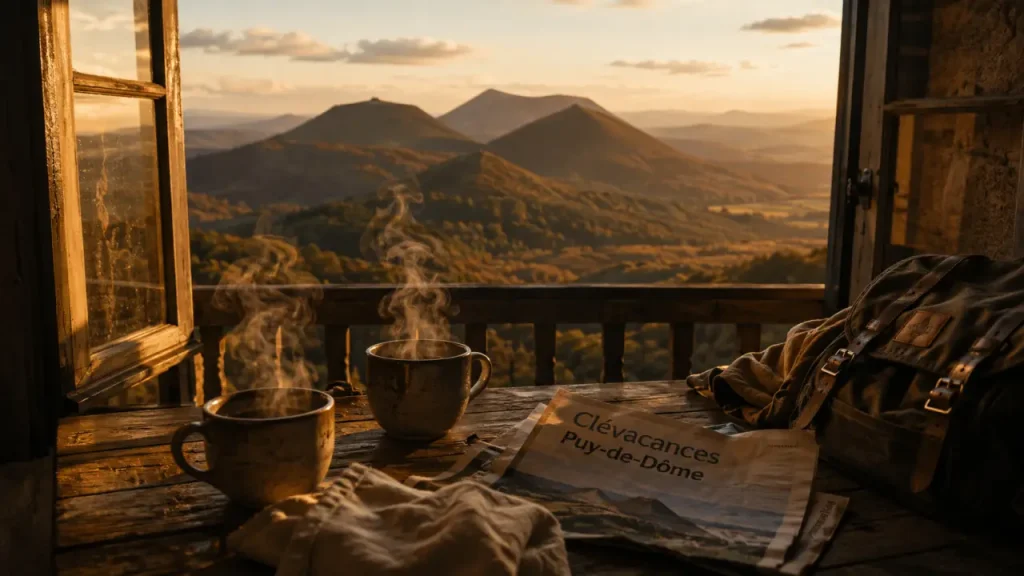 clevacances auvergne puy de dome : tasses, brochure et vue sur la Chaîne des Puys