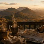 clevacances auvergne puy de dome : tasses, brochure et vue sur la Chaîne des Puys