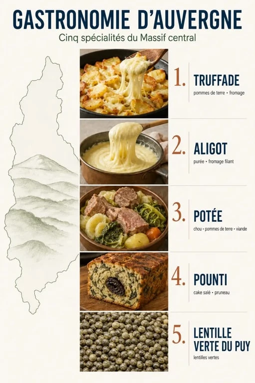 Infographie des spécialités incontournables de la gastronomie en Auvergne