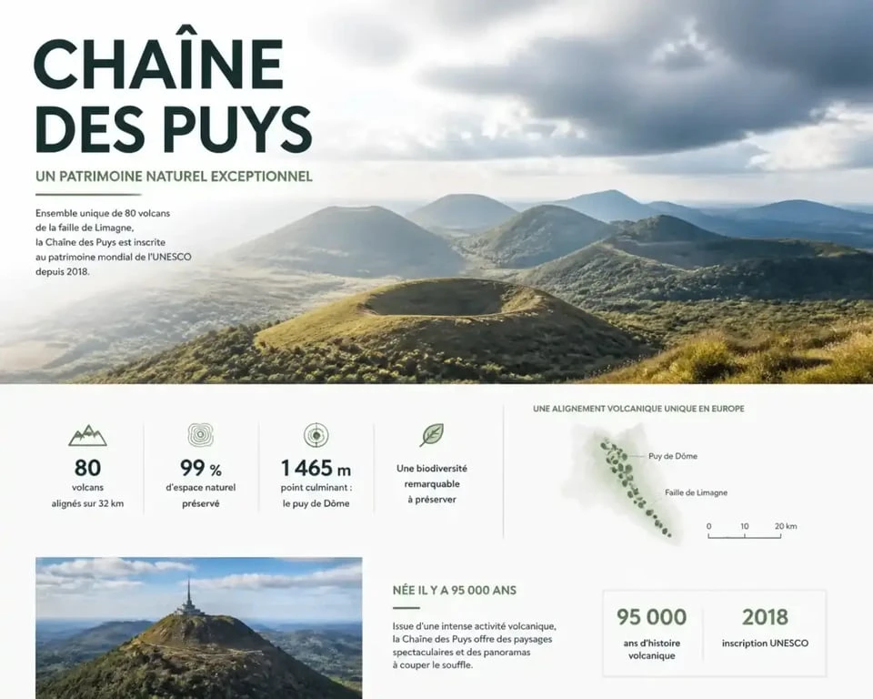 Vue panoramique de la Chaîne des Puys dans le Puy-de-Dôme, idéale pour anticiper la météo