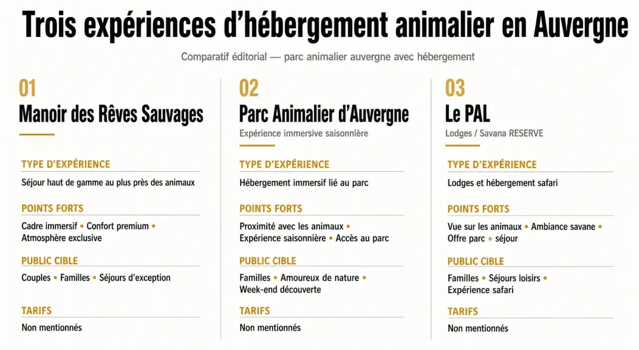 Comparaison visuelle du parc animalier auvergne avec hébergement entre le Manoir des Rêves Sauvages, le Parc Animalier d’Auvergne et Le PAL