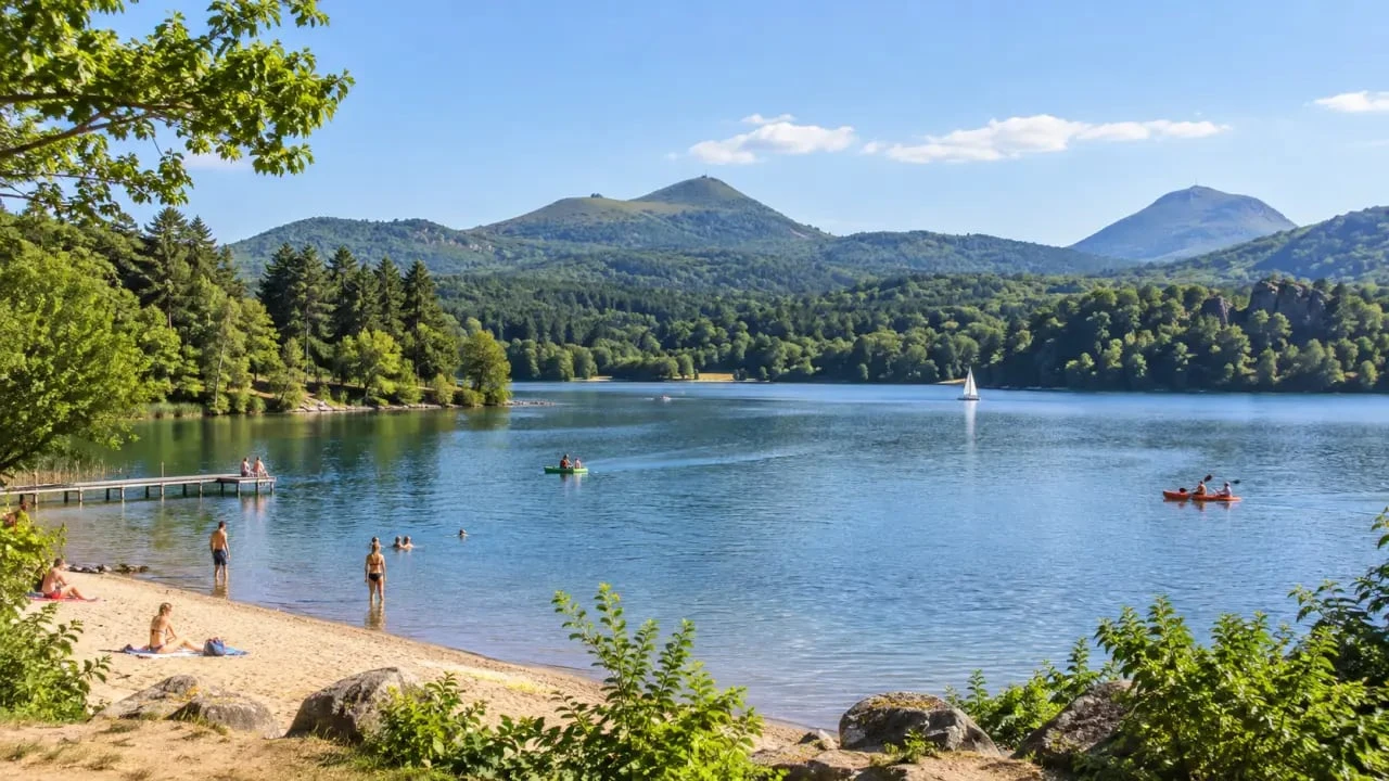 Lac d’Aydat dans le Puy-de-Dôme en Auvergne avec plage, activités nautiques et paysages volcaniques