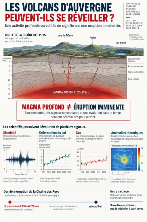 Infographie : est ce que les volcans d Auvergne peuvent se réveiller, magma profond et signes surveillés
