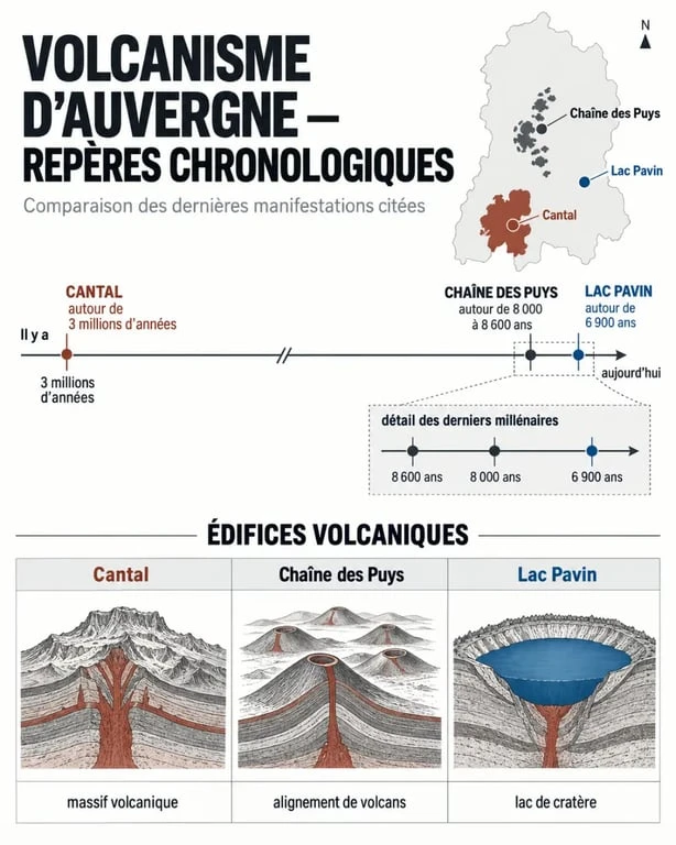 Infographie sur la dernière éruption des volcans d’Auvergne, du lac Pavin à la chaîne des Puys