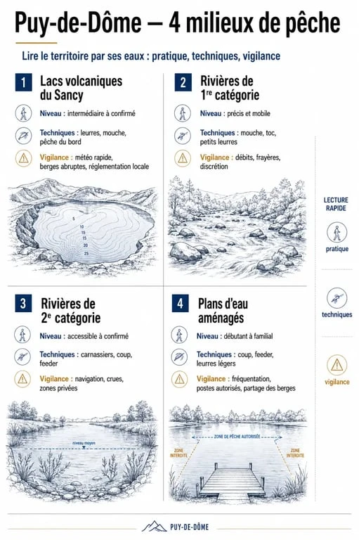 Pêche en Auvergne Puy de Dôme : comparatif visuel des milieux de pêche du département