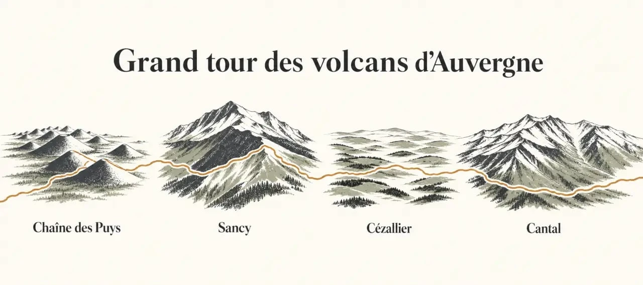 Grand tour des volcans d Auvergne, frise panoramique des massifs traversés de la Chaîne des Puys au Cantal
