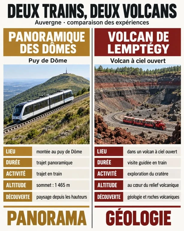 Le train des volcans d’Auvergne : comparaison entre le Panoramique des Dômes et le petit train du Volcan de Lemptégy