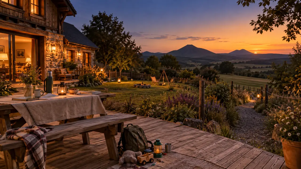 Hébergement famille Auvergne : chalet et terrasse au crépuscule