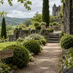 Jardin a visiter en Auvergne : allée de buis vers terrasse de château