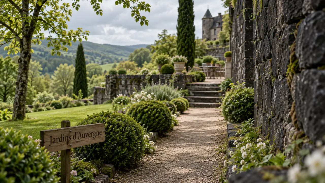 Jardin a visiter en Auvergne : allée de buis vers terrasse de château