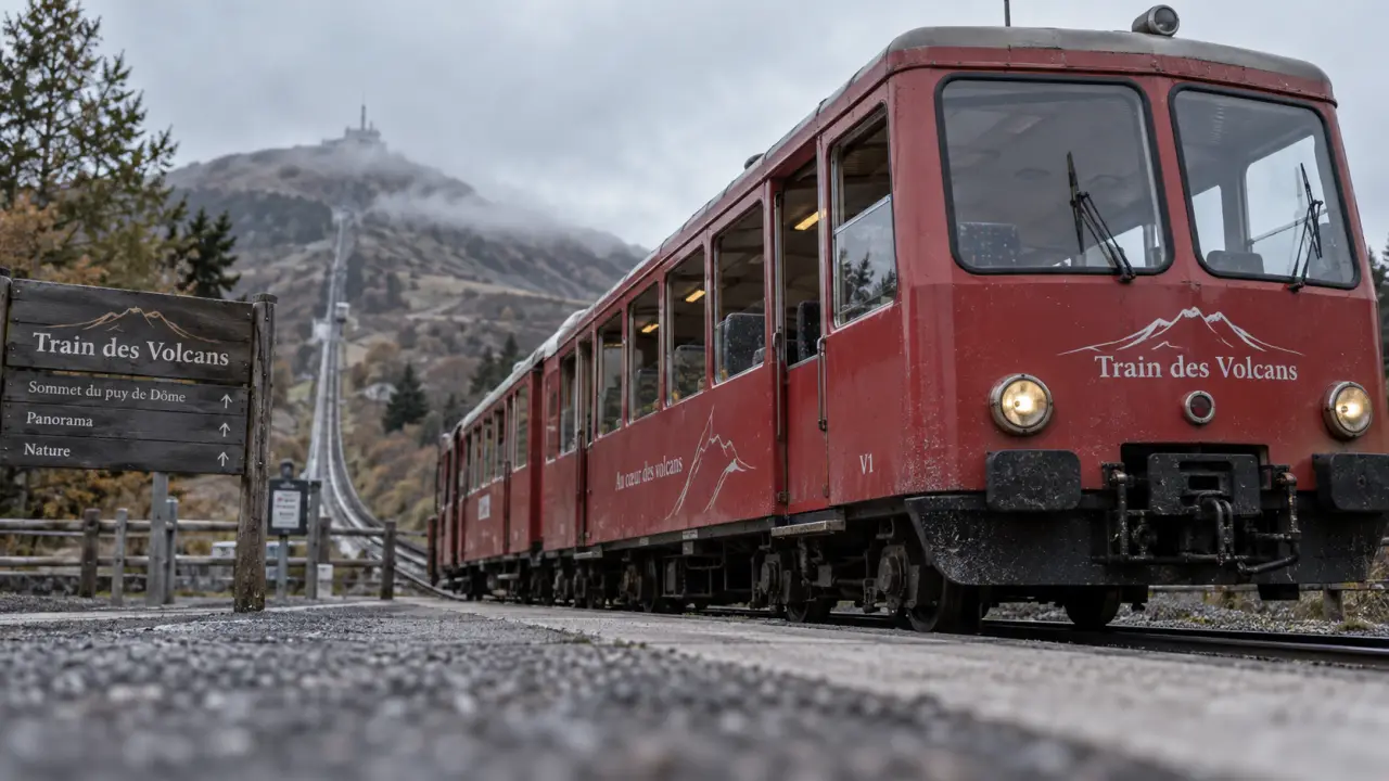 Le train des volcans d auvergne vers le puy de Dôme, train touristique rouge au quai