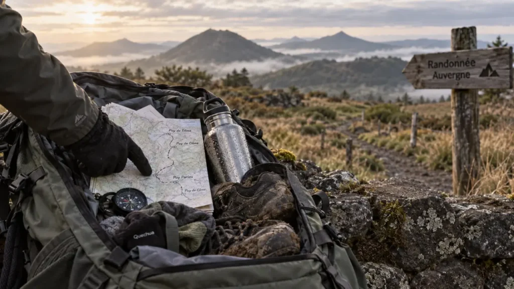 Parcours randonnée auvergne : carte et boussole près d’un volcan
