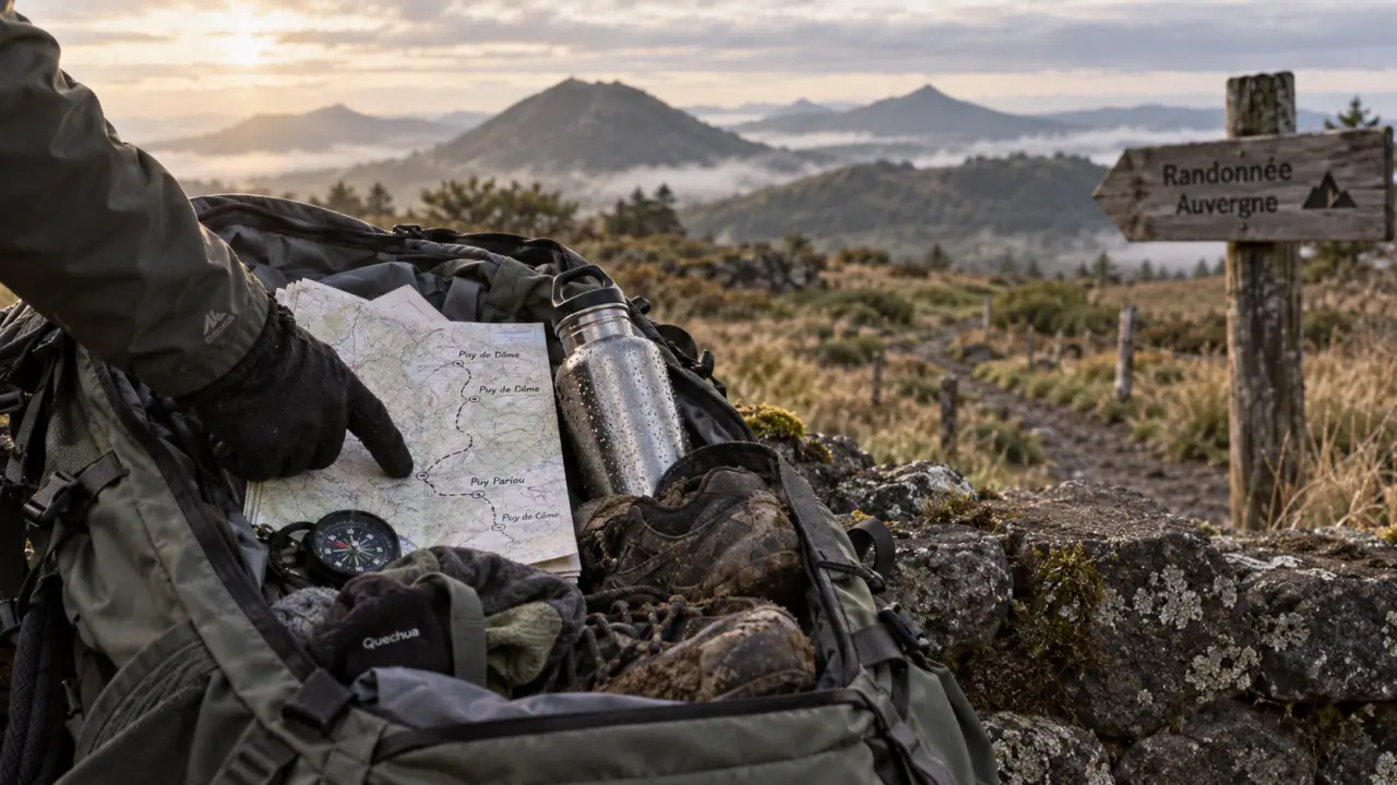 Parcours randonnée auvergne : carte et boussole près d’un volcan