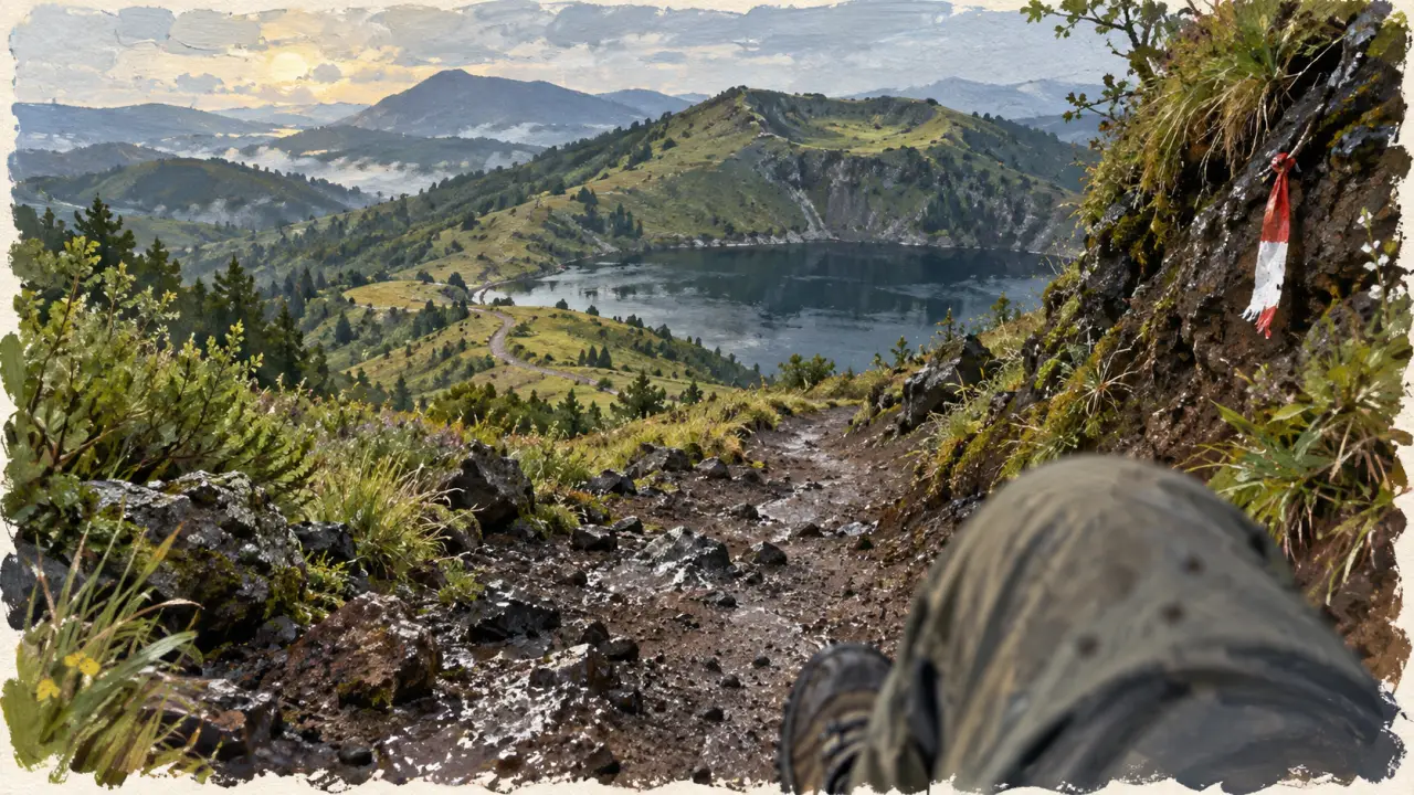 Petite randonnée auvergne : sentier humide vers un lac sombre et un volcan