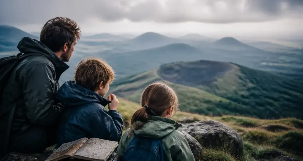 Que visiter en Auvergne en famille : père et enfants à la Chaîne des Puys