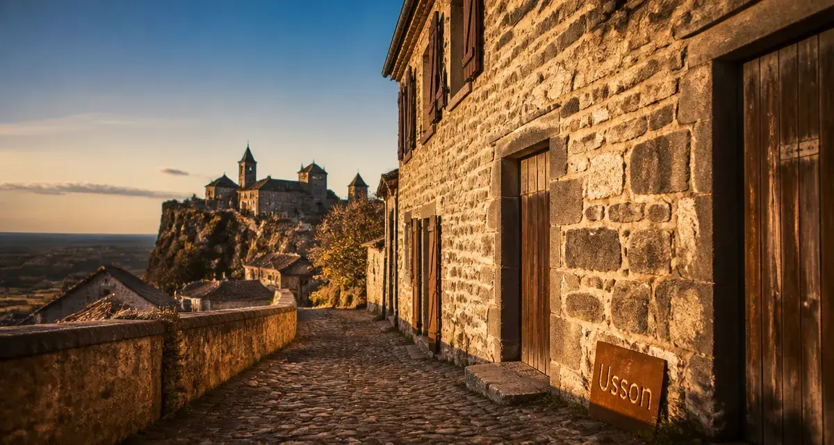 Quel village visiter en Auvergne : Usson, ruelle et vue au crépuscule