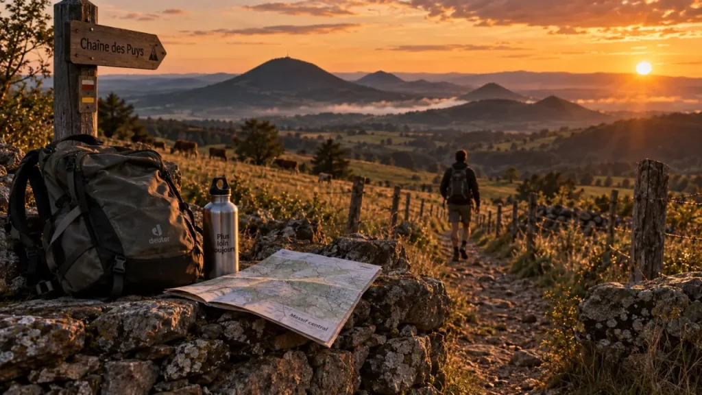Randonnée 2 jours volcan Auvergne : crête au golden hour, chaussures et sac, puys à l’horizon