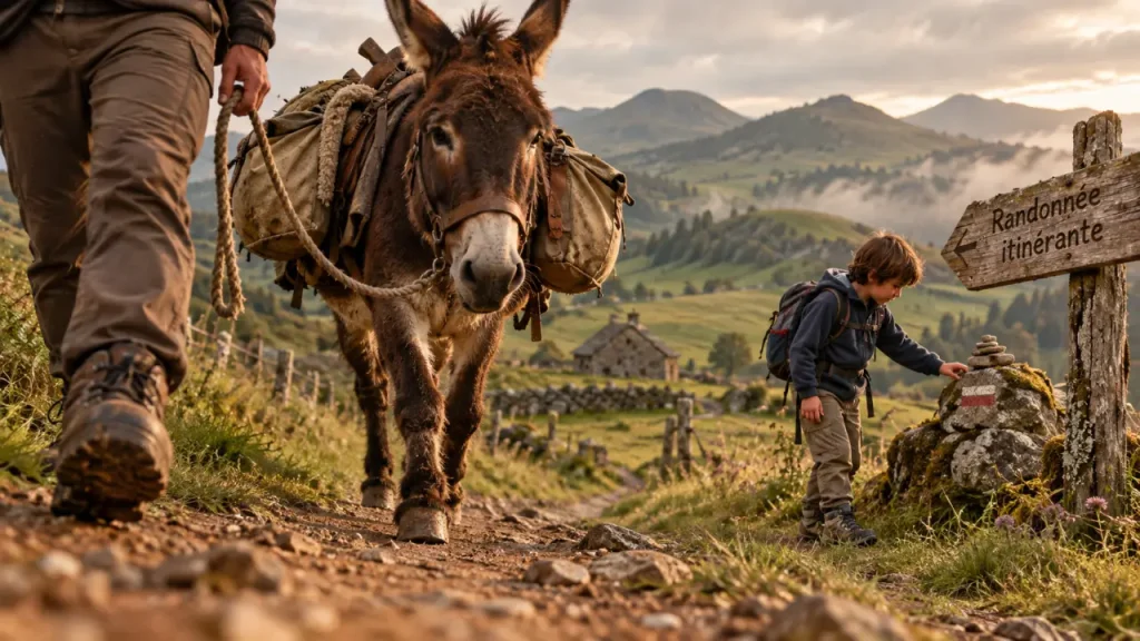 Randonnée avec anes auvergne : âne et enfants sur sentier