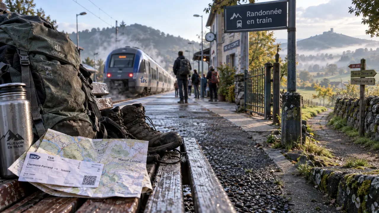Randonnée en Auvergne accessible en train : sac et billets TER sur un quai de gare