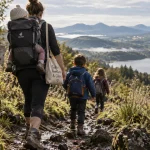 Randonnée auvergne famille : famille sur sentier près d’un lac et volcans