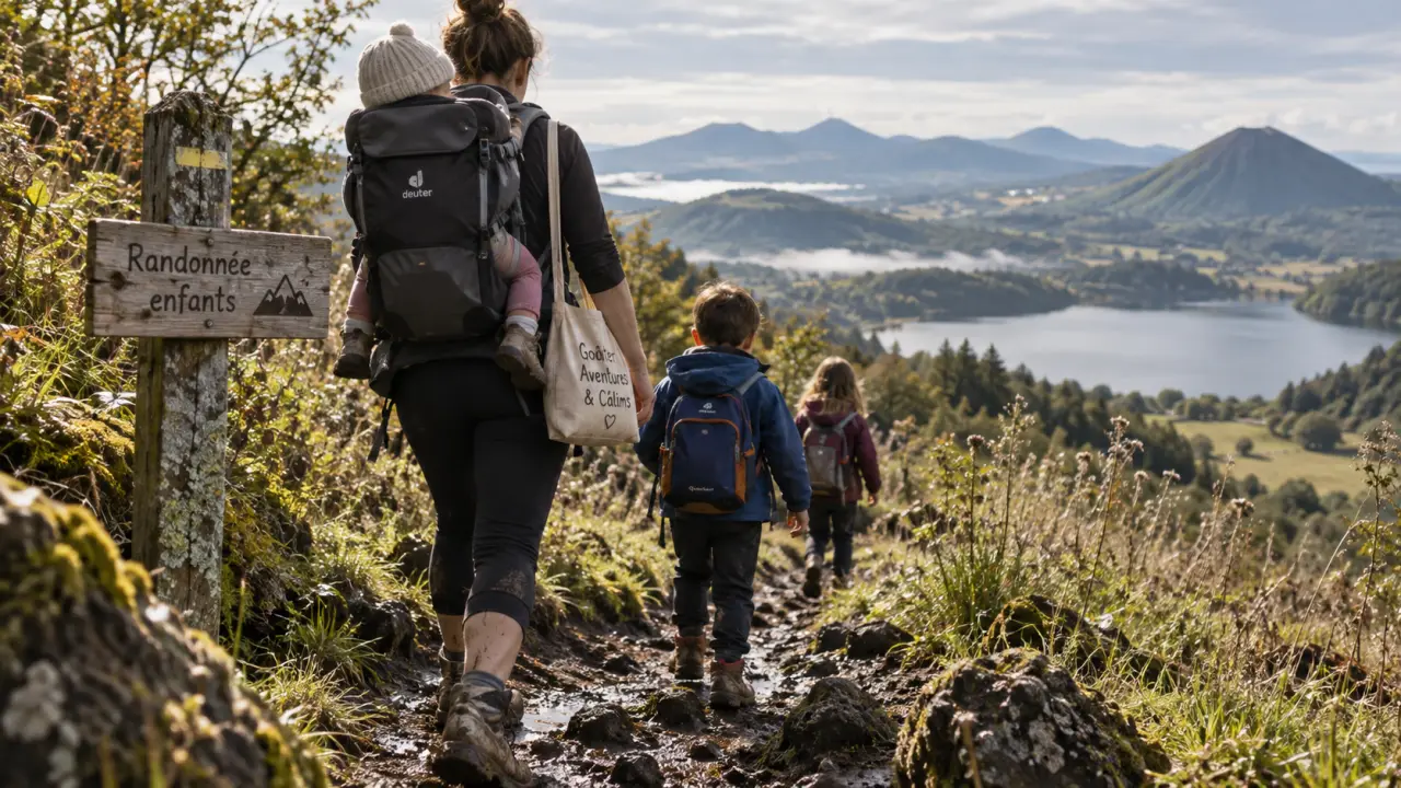 Randonnée auvergne famille : famille sur sentier près d’un lac et volcans