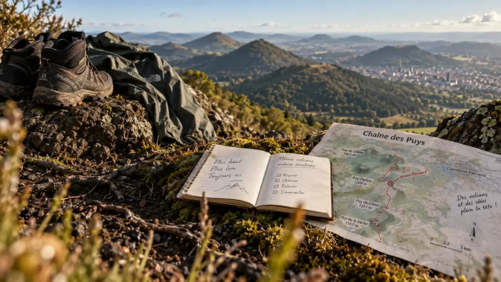 Randonnée en Auvergne Puy-de-Dôme : sentier sur volcan, chaussures et carte Chaîne des Puys
