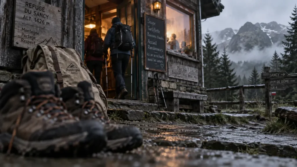 Randonnée Auvergne refuge : chaussures de randonnee devant un refuge