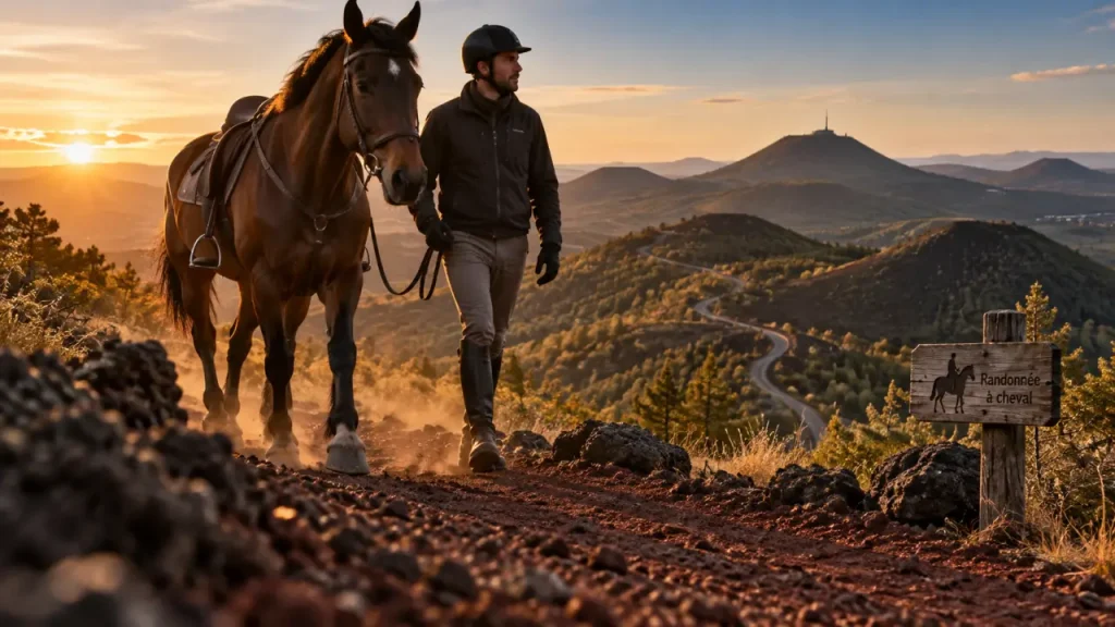Randonnée cheval Auvergne : cavalier sur sentier vers la Chaîne des Puys