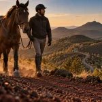 Randonnée cheval Auvergne : cavalier sur sentier vers la Chaîne des Puys