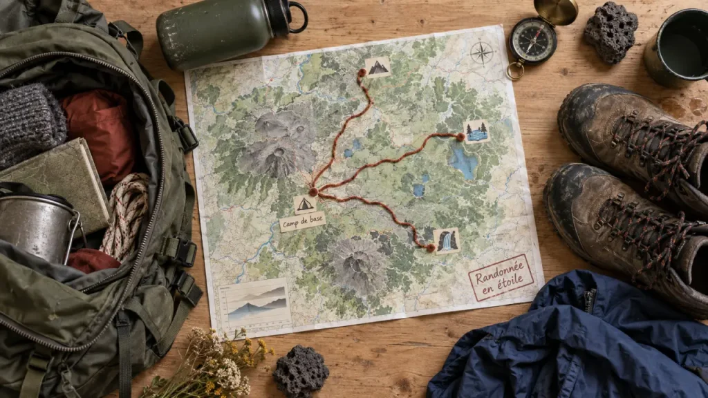 Randonnée en étoile auvergne : sac, carte et boucles depuis un camp de base