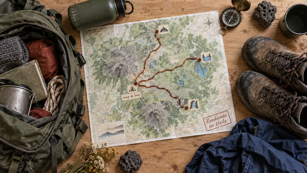 Randonnée en étoile auvergne : sac, carte et boucles depuis un camp de base