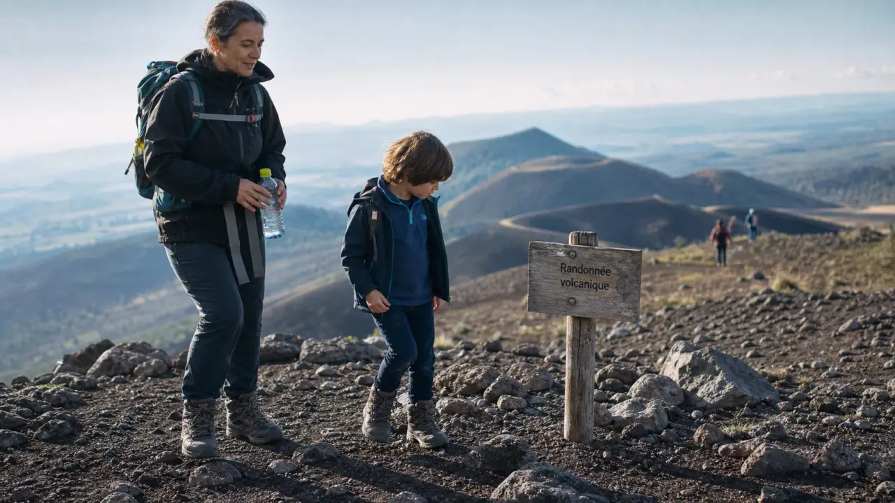 Randonnée volcan Auvergne famille : enfant sur sentier volcanique, cratères faciles