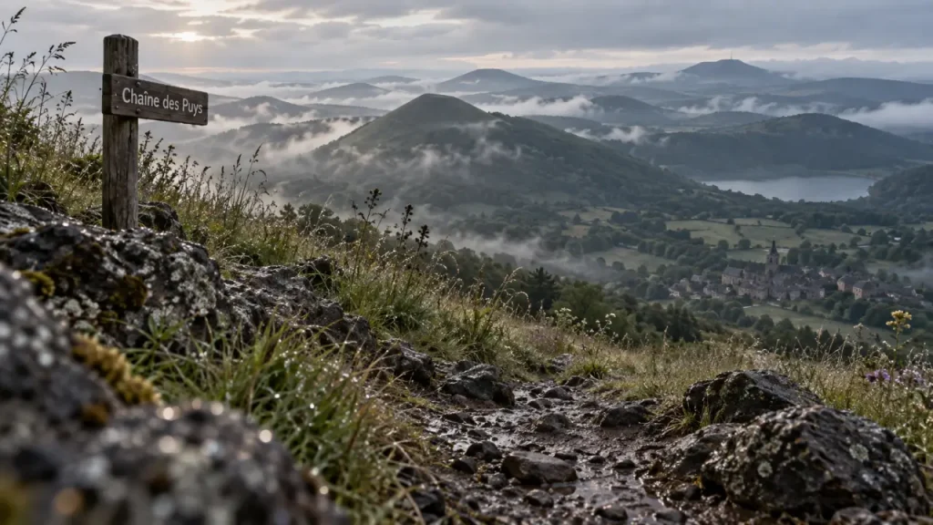 Sites à visiter en Auvergne : sentier vers lac de cratère et village de la Chaîne des Puys