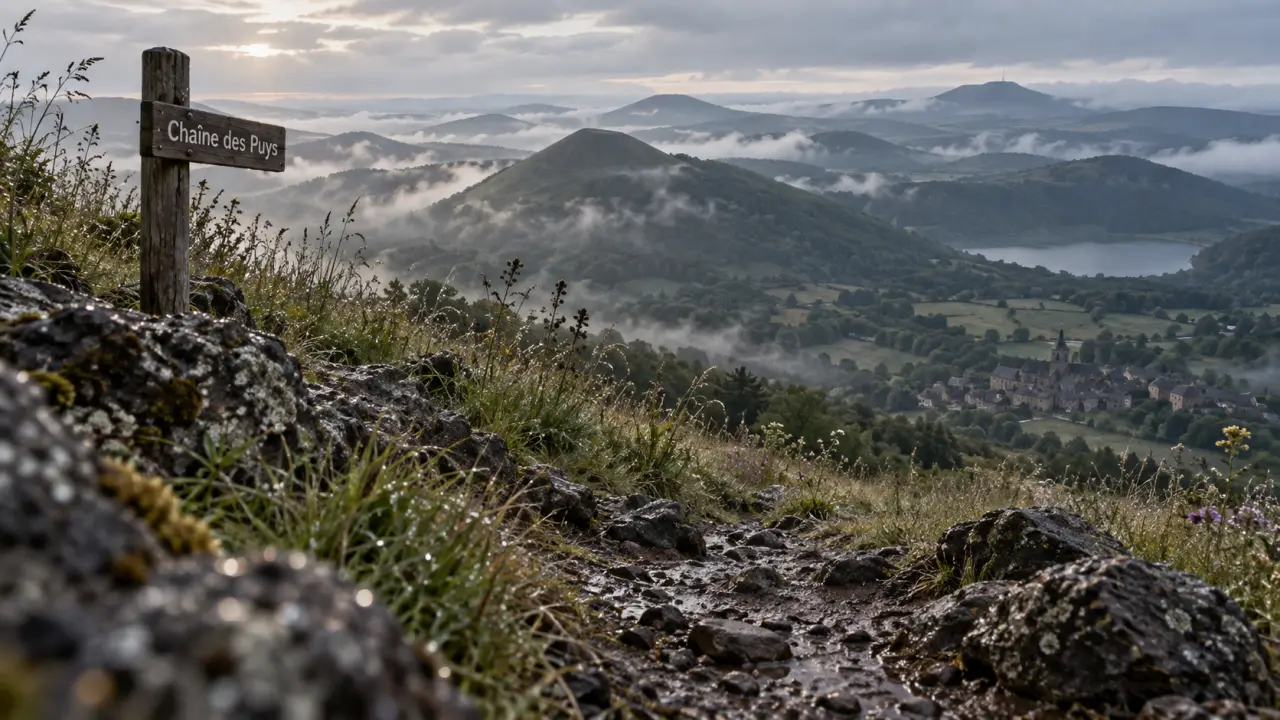 Sites à visiter en Auvergne : sentier vers lac de cratère et village de la Chaîne des Puys