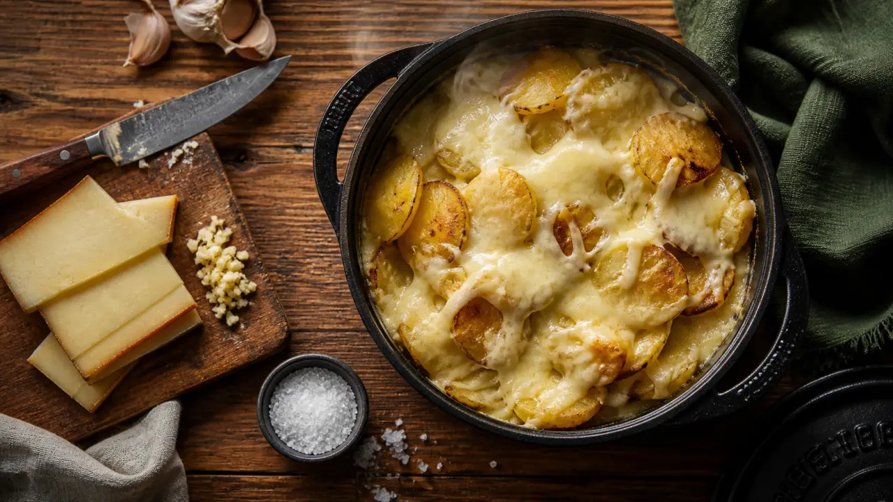 Truffade auvergnate fumante : pommes de terre dorées, tome filante et ail