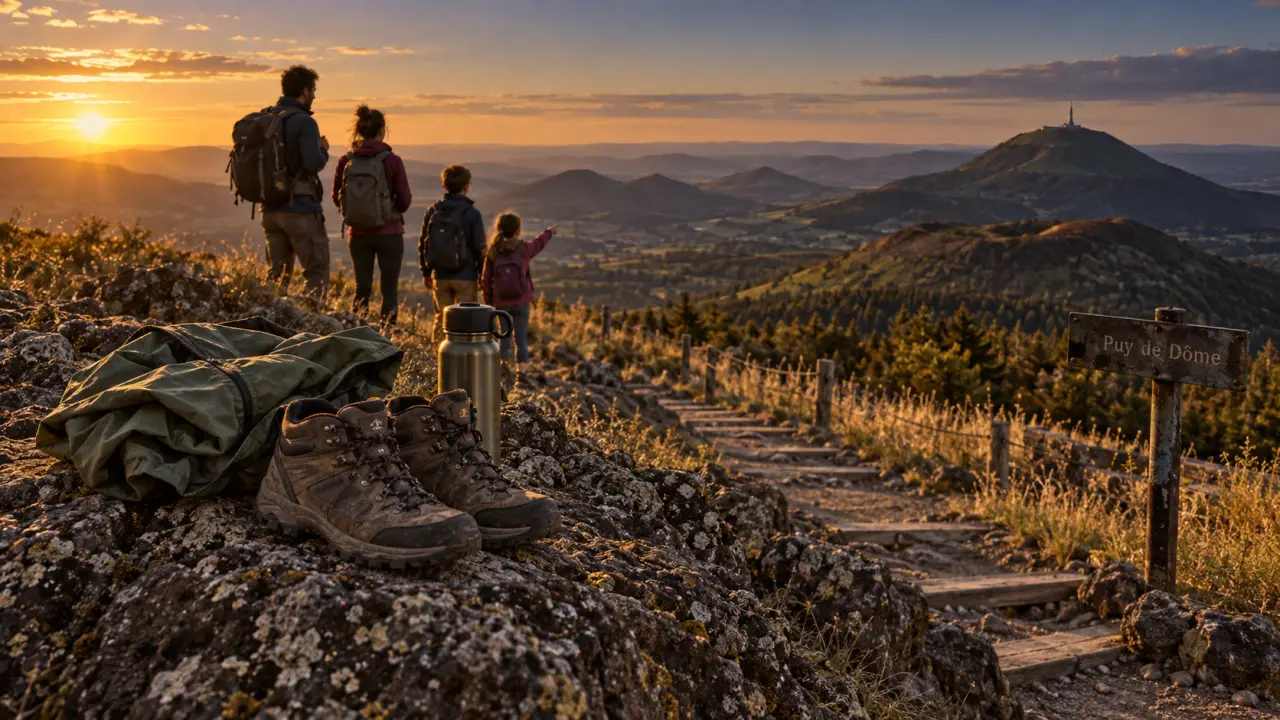 Visiter les volcans d auvergne en famille, sentier vers le Puy de Dôme au coucher du soleil