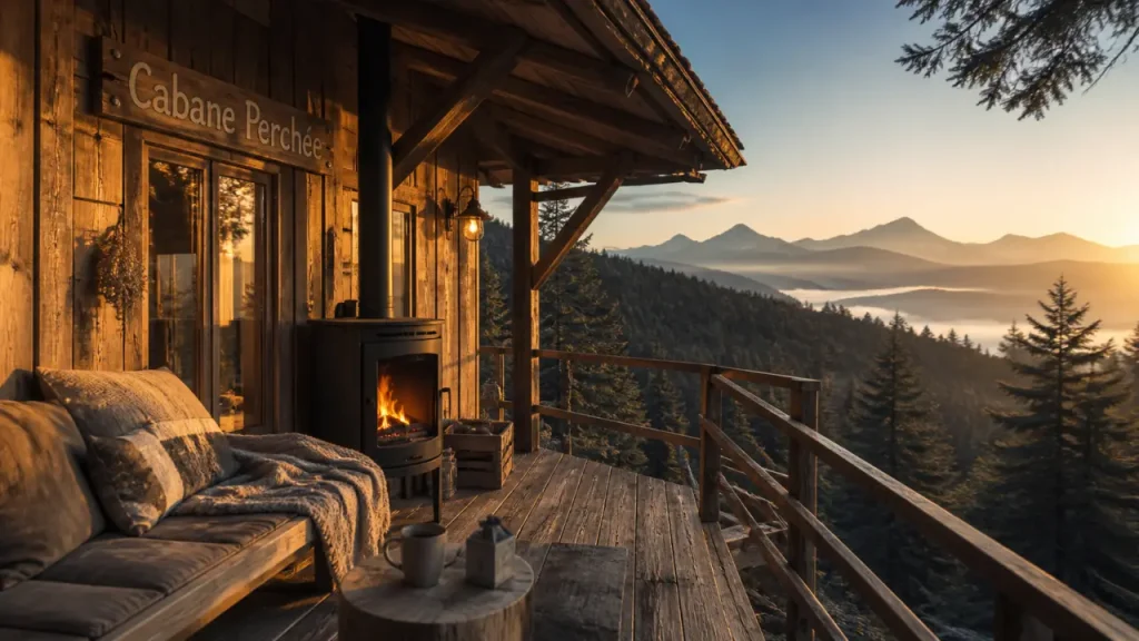 Week end cabane dans les arbres Auvergne : terrasse bois devant une cabane