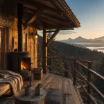 Week end cabane dans les arbres Auvergne : terrasse bois devant une cabane