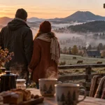 Week end en amoureux Auvergne Rhône Alpes : couple à l’aube, terrasse et volcan brumeux