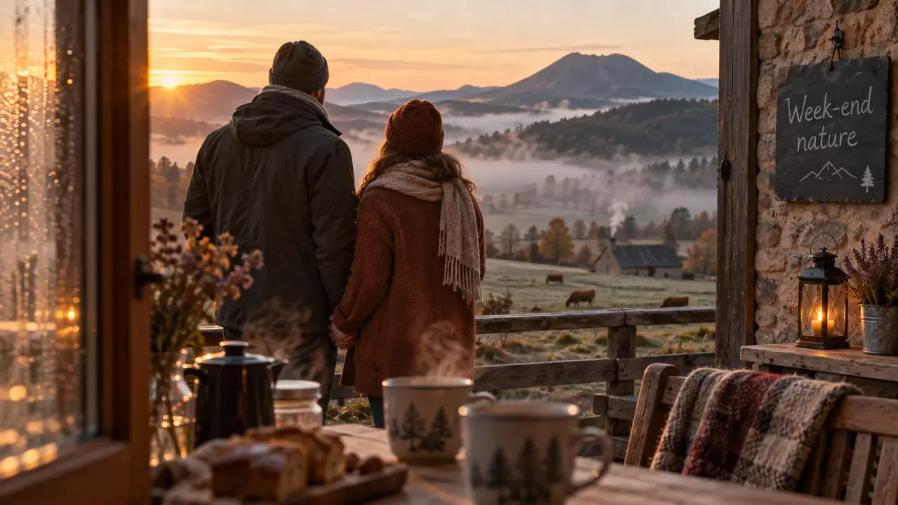 Week end en amoureux Auvergne Rhône Alpes : couple à l’aube, terrasse et volcan brumeux