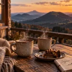 Week end romantique auvergne : chocolats chauds sur balcon, vue volcans au coucher du soleil