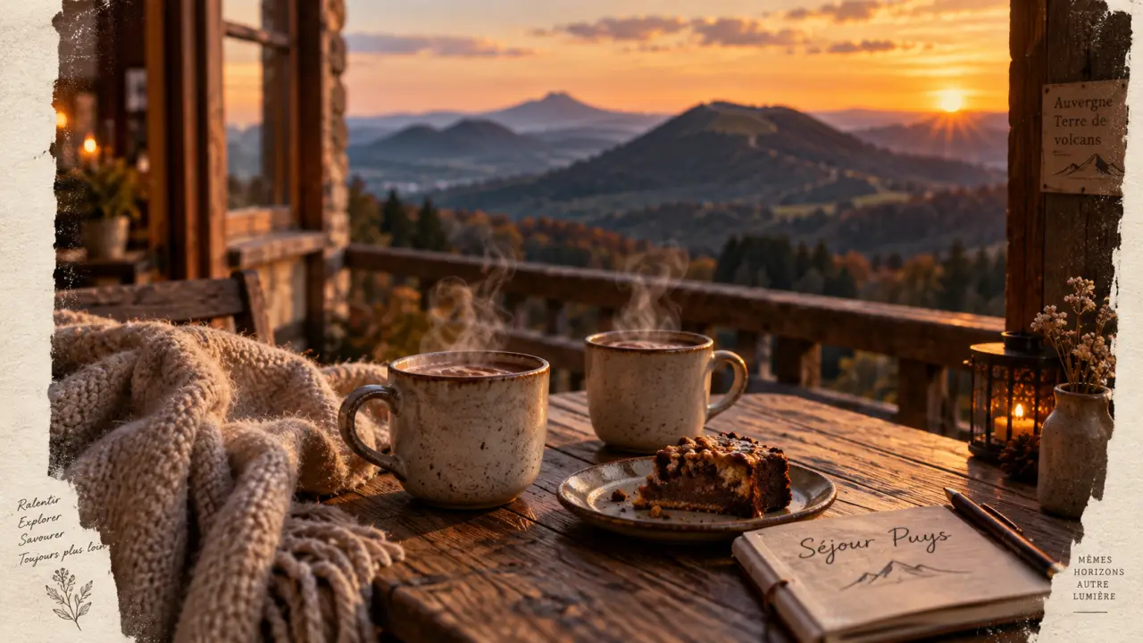 Week end romantique auvergne : chocolats chauds sur balcon, vue volcans au coucher du soleil