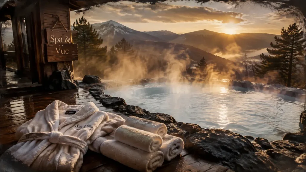 Week end spa auvergne rhone alpes : jacuzzi fumant, pierre volcanique, vue montagne